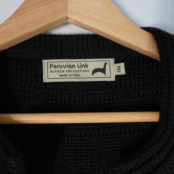 VTG Peruvian Link Alpaca Cardigan Knit Open Front Pockets Black S Cozy Lagenlook